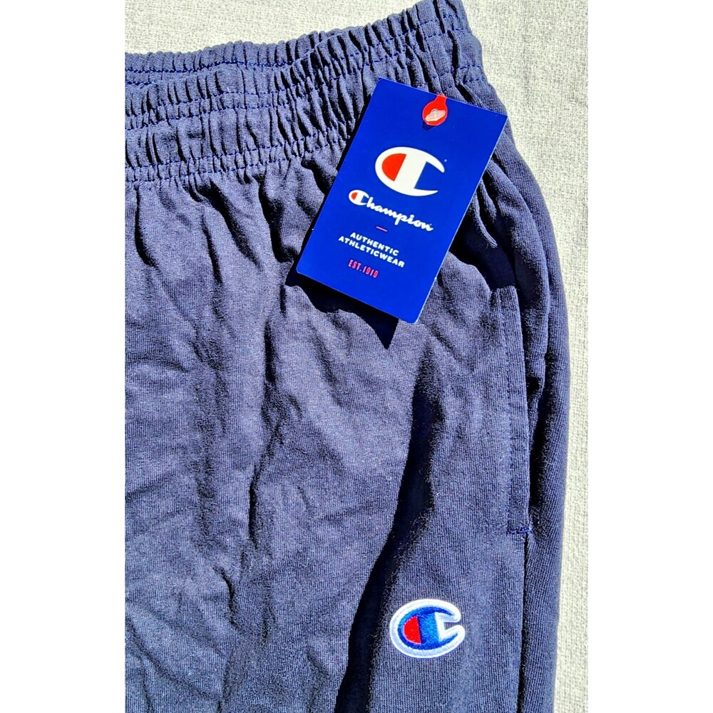 Champion Men's L Jersey Banded Bottom Logo Pants Navy Blue Athletic Fit Lounge